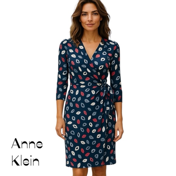 Anne Klein Navy Fitted Bold Leaf Print Faux Wrap Party Event Dress NWT Size M - Picture 1 of 14